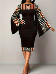  Geometric Print Bell Sleeve Midi Dress