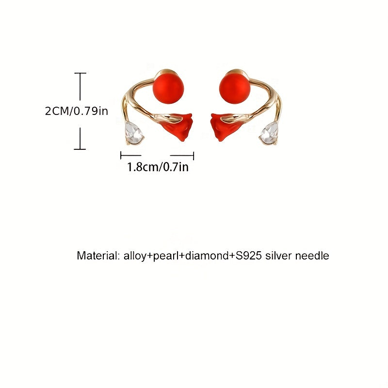 Festive Red Faux Pearl Tulip Flower Earrings For Women