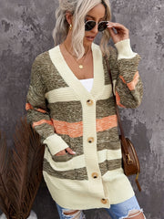  Striped Long Sleeve Button-Up Cardigan With Pockets