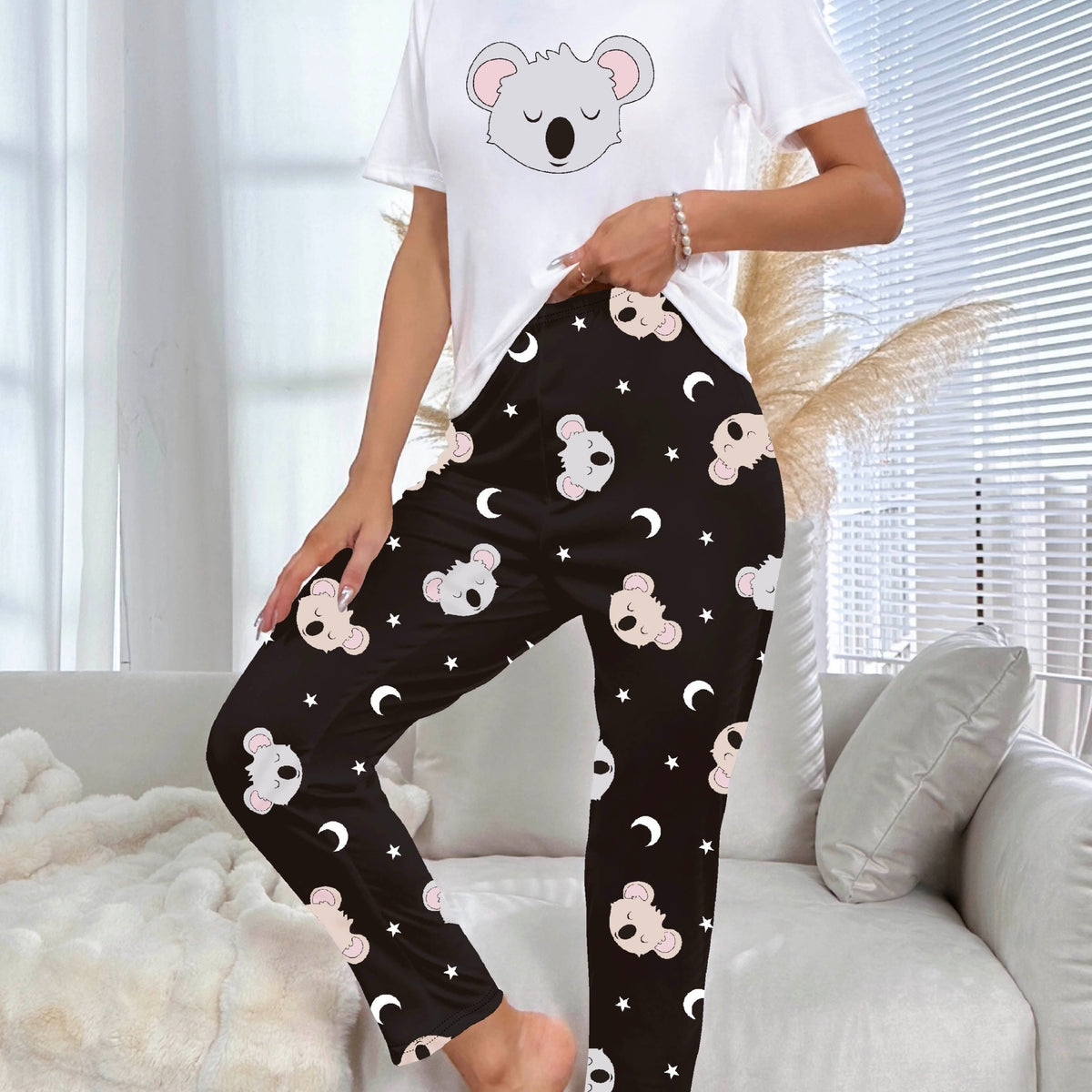 Cartoon Koala Print Pajama Set Short Sleeve Top & Pants
