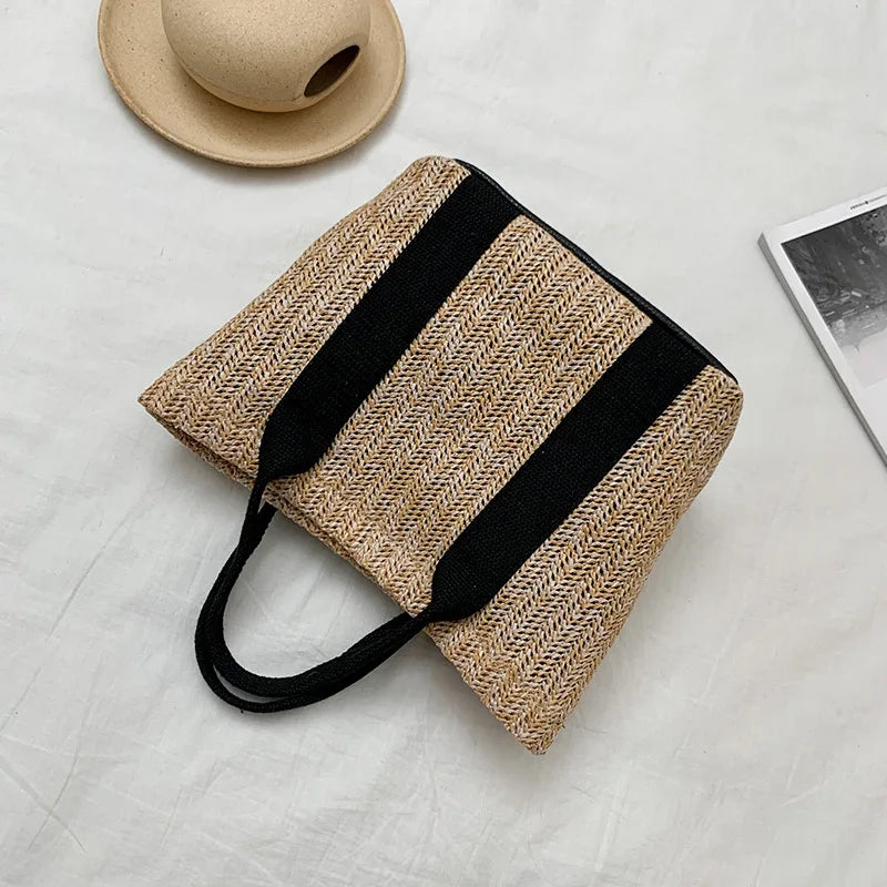 Women's Straw Tote Bag with Zipper Closure - Summer Handbag