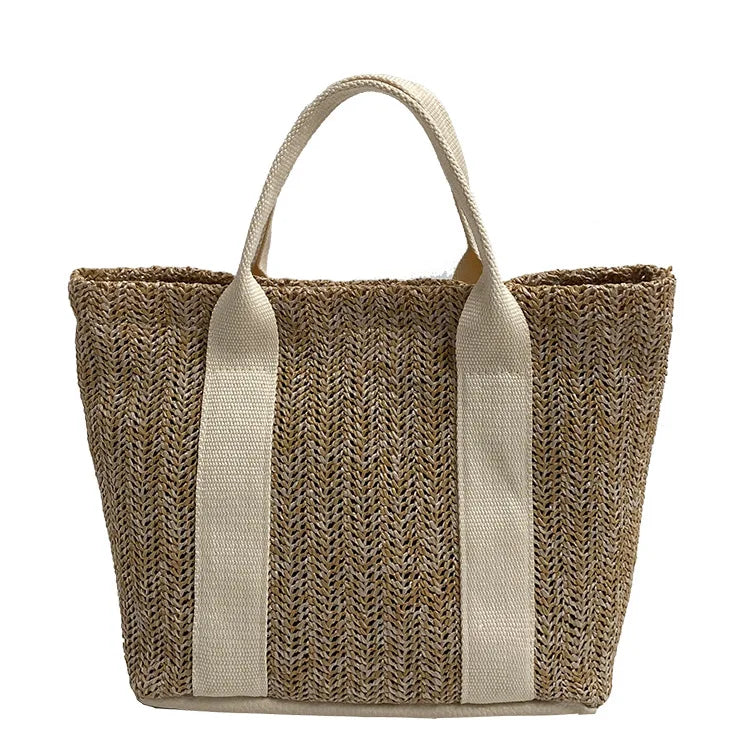 Women's Straw Tote Bag with Zipper Closure - Summer Handbag