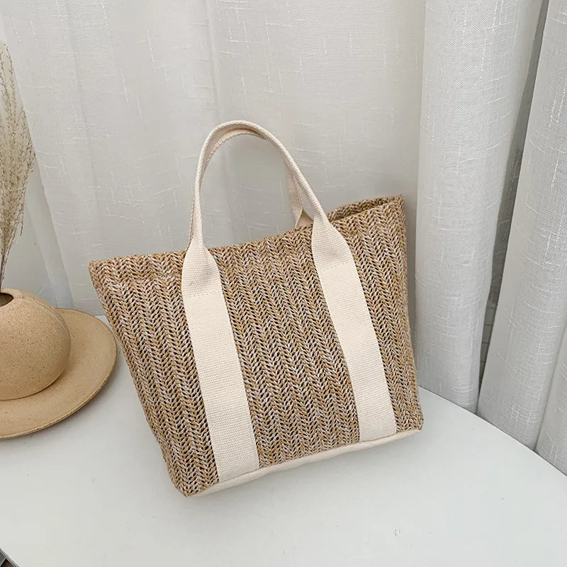 Women's Straw Tote Bag with Zipper Closure - Summer Handbag