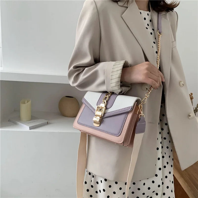 Panelled PU Leather Crossbody Bag For Women Wide strap Shoulder Messenger Bag