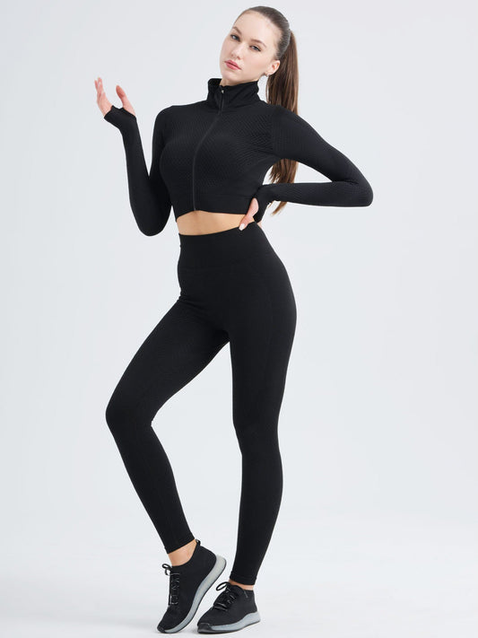 Women Workout Set Seamless Yoga High Neck Jacket & Leggings