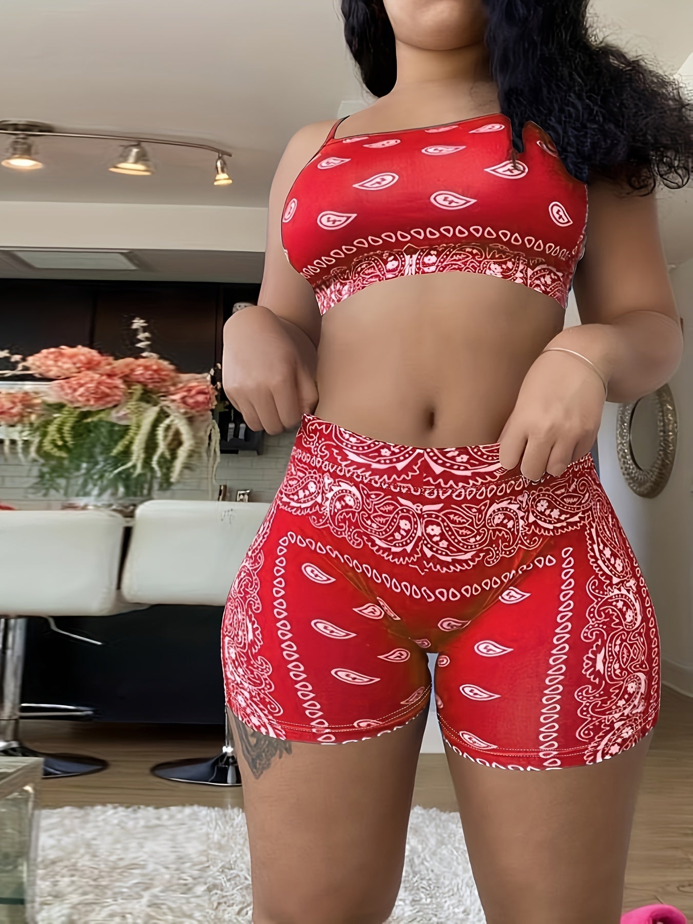 Paisley Print Two piece Set Crop Cami Top & Slim Shorts