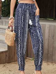  Geometric Print Boho Pants Shirred Waist Tassel Decor Trousers