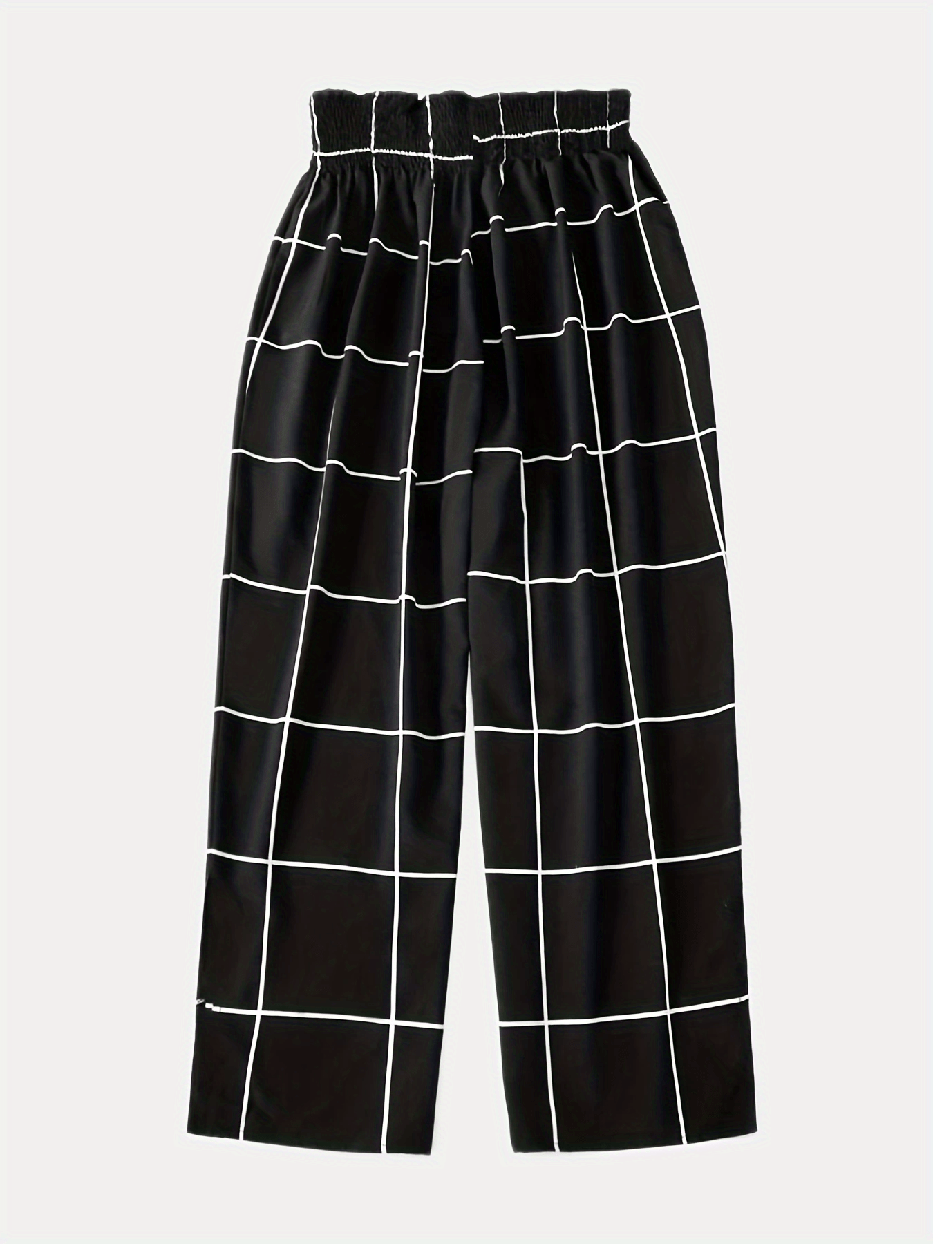  Grid Print Drawstring Wide Leg Trousers