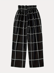  Grid Print Drawstring Wide Leg Trousers
