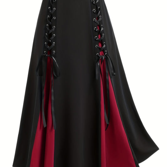 Vintage Colorblock Pleated Tie Front Skirt High Waist Casual Skirt