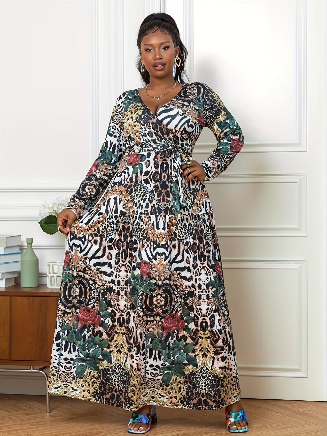  Allover Print Long Sleeve Maxi Dress With Belt