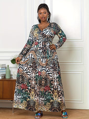  Allover Print Long Sleeve Maxi Dress With Belt