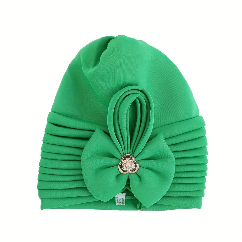 Green Layer Pleated Turban Cap Bow Decor Hijab Hat Casual Head Wrap