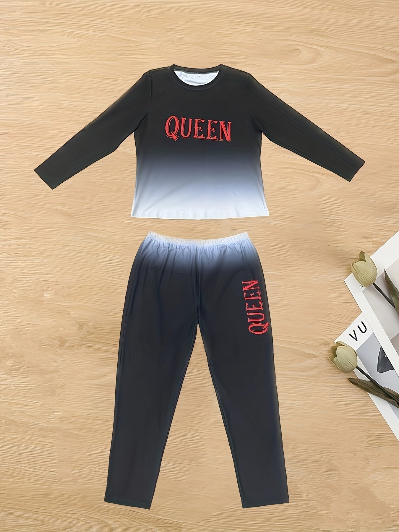  Ombre & Letter Print Long Sleeve Tee & Pants Set