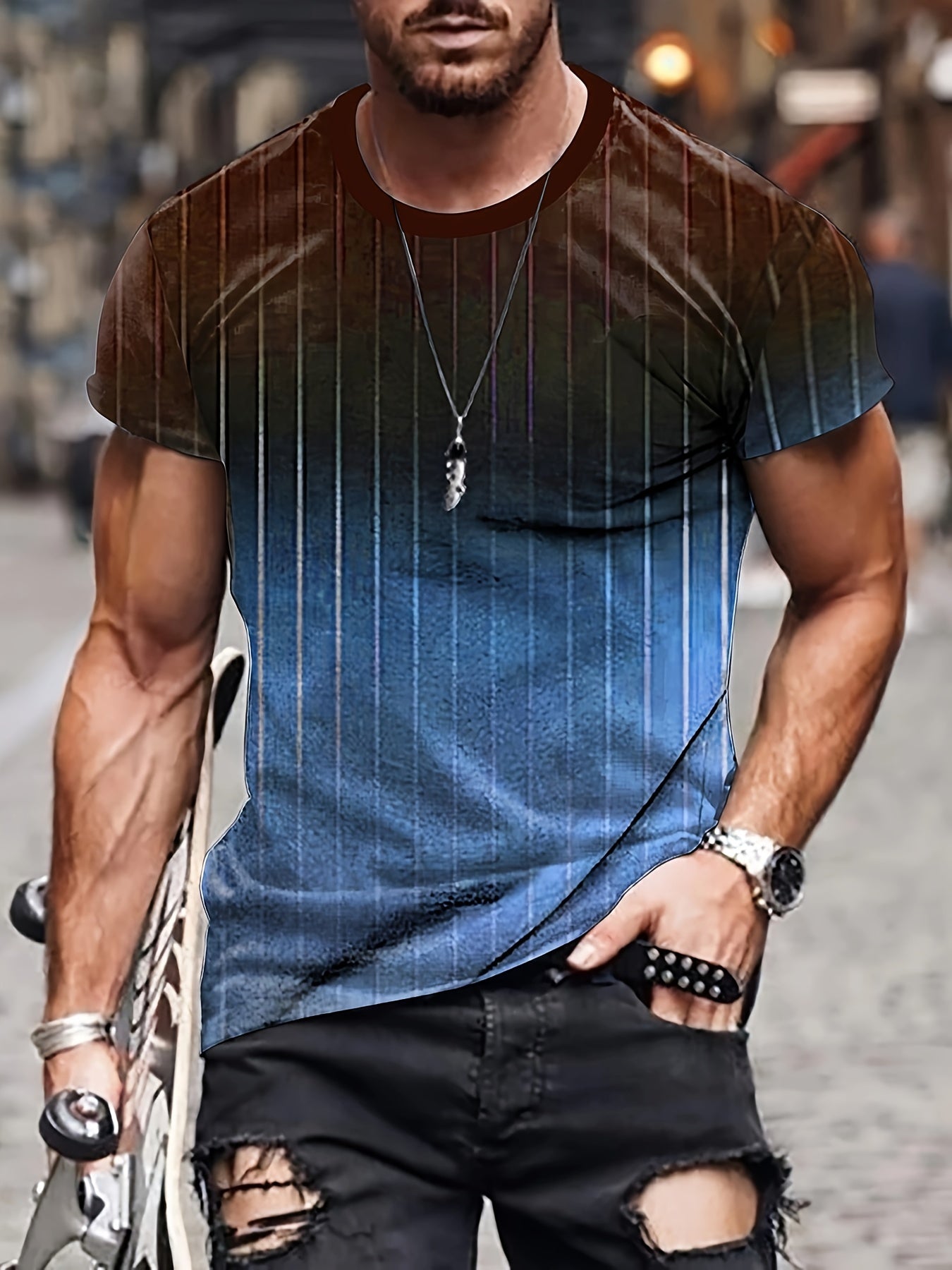 Men's Striped Sports T-shirt Round Neck Tee for Summer