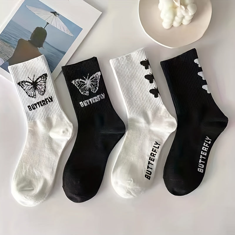 3 Pairs Butterfly Print Socks Women's Mid Tube Stockings