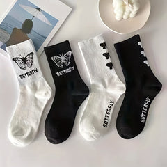 3 Pairs Butterfly Print Socks Women's Mid Tube Stockings