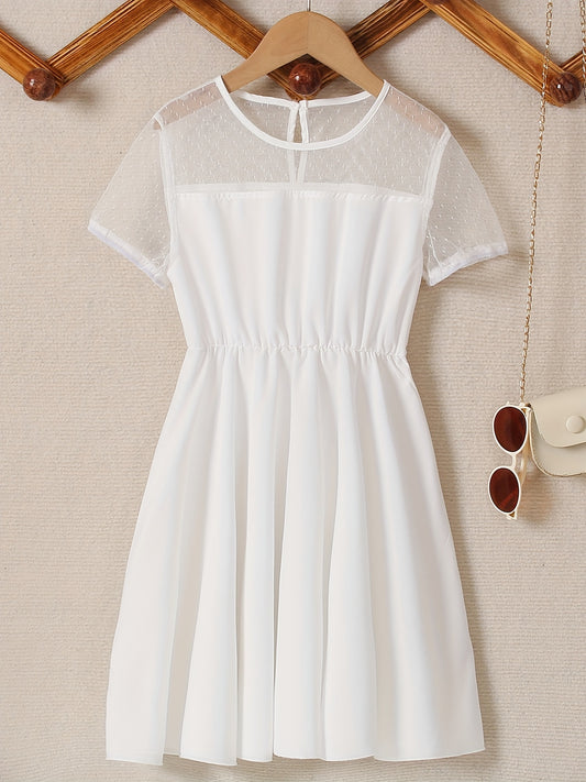 Girl's Contrast Mesh Short Sleeve A Line Dress For Party Beach Vacation