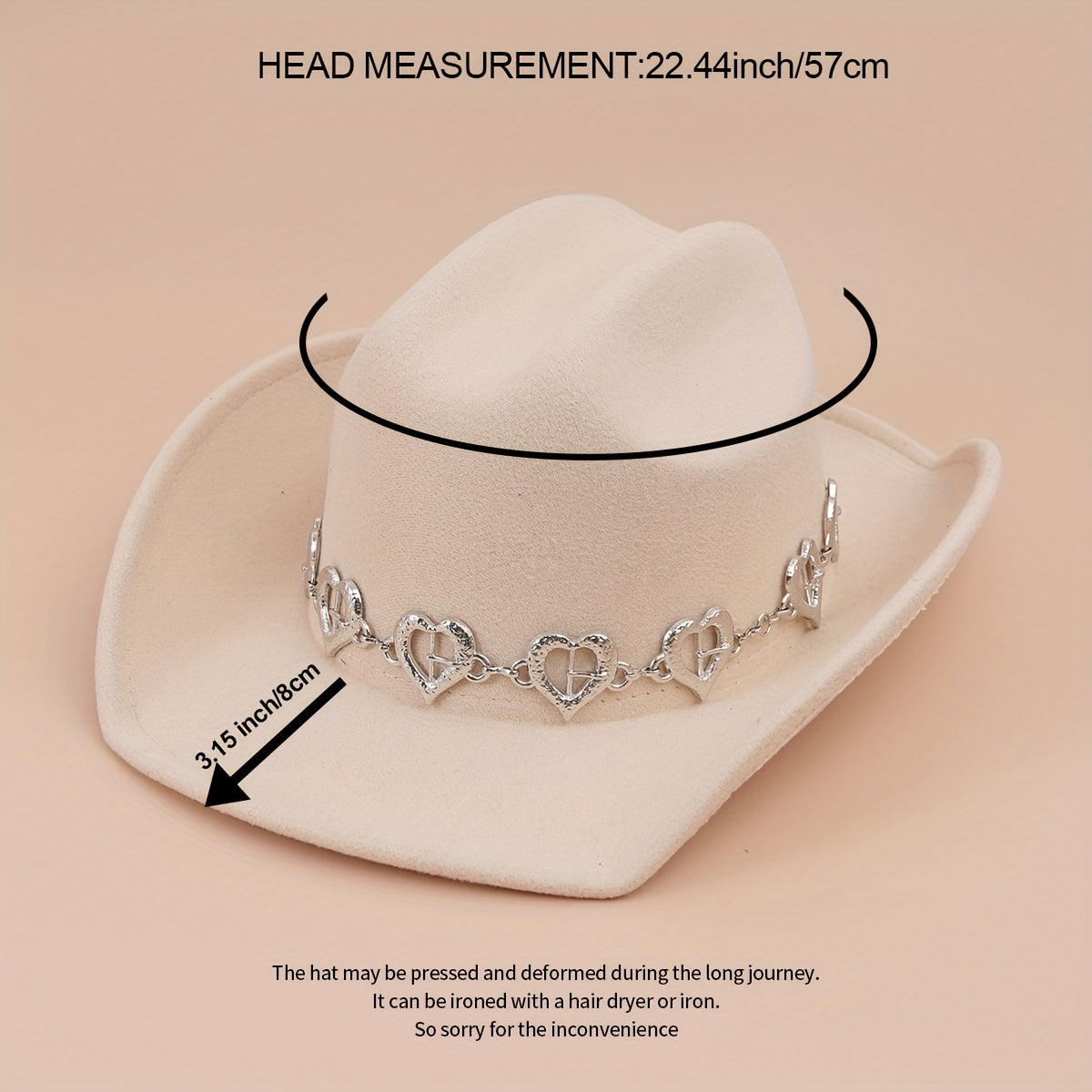 Silvery Oval Heart Stone Iron Chain Decor Cowboy Hat
