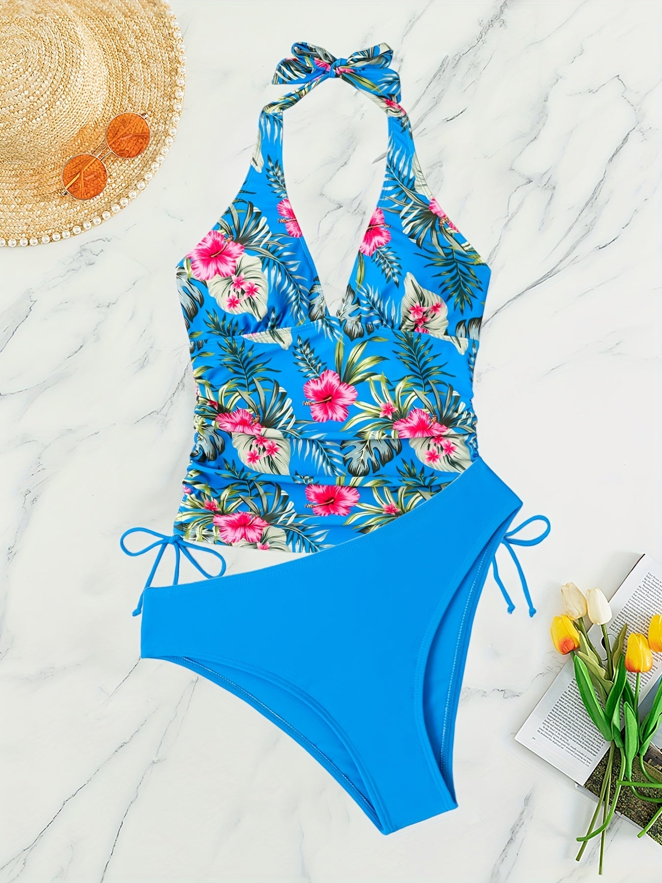 Tropical Print Tankini Set Drawstring Tie Swimsuit