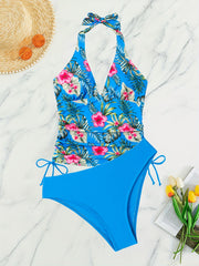 Tropical Print Tankini Set Drawstring Tie Swimsuit