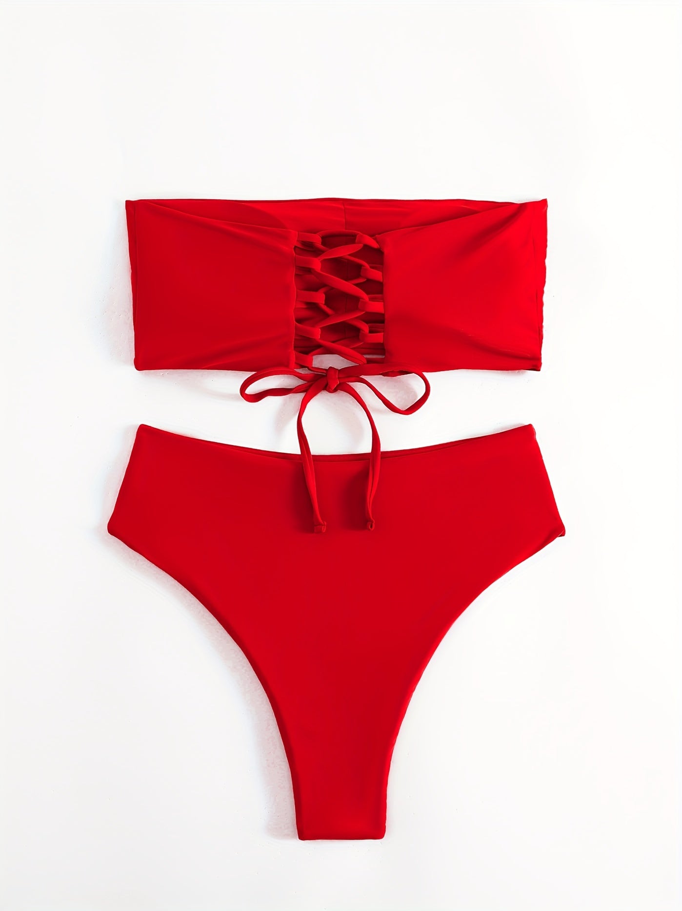 Solid Bandeau Tie Back Bikini Sets High Cut Two Pieces Swimsuit Women's Swimwear