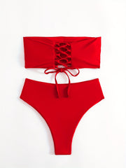 Solid Bandeau Tie Back Bikini Sets High Cut Two Pieces Swimsuit Women's Swimwear
