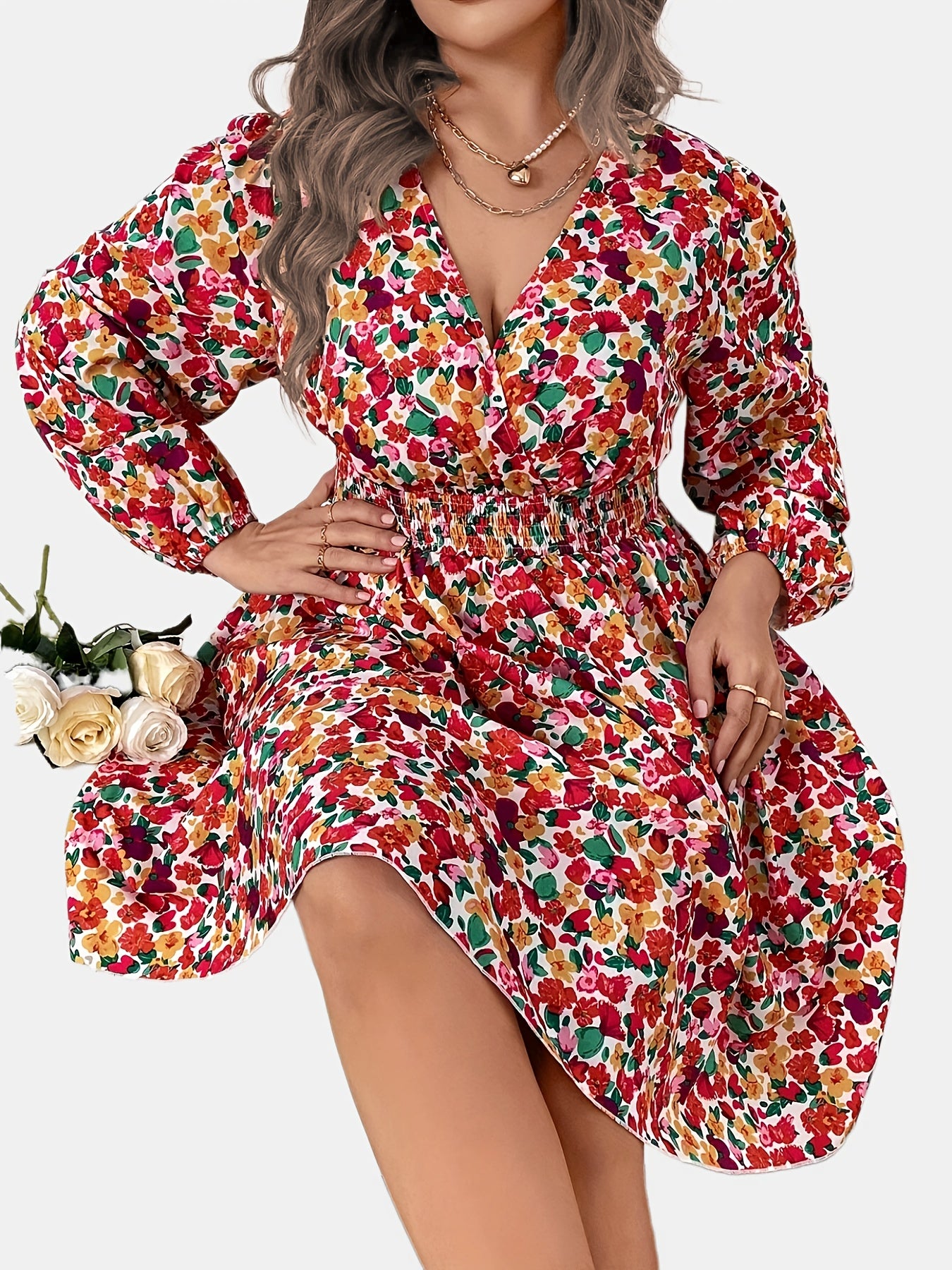  Floral Print Lantern Sleeve Surplice Neck Dress