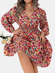  Floral Print Lantern Sleeve Surplice Neck Dress