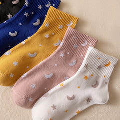 5 Pairs Star & Moon Pattern Ribbed Short Socks Women's Stockings