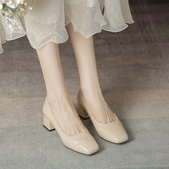 Women's Chunky Heeled Court Pumps Square Toe Solid Patent Leather Shoes