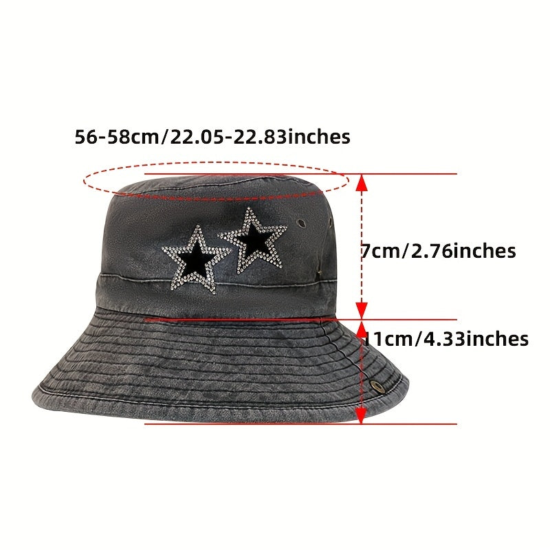 Distressed Bucket Hat Rhinestone Star Patch Cotton Lightweight Sunshad