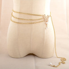 Golden Waist Chain Butterfly Buckle Faux Pearl Pendant Waistband for Women