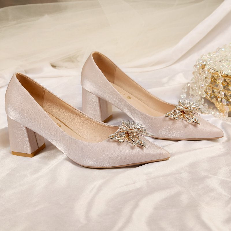 Chunky Heeled Pumps Butterfly Rhinestone Pointed Toe High Heels
