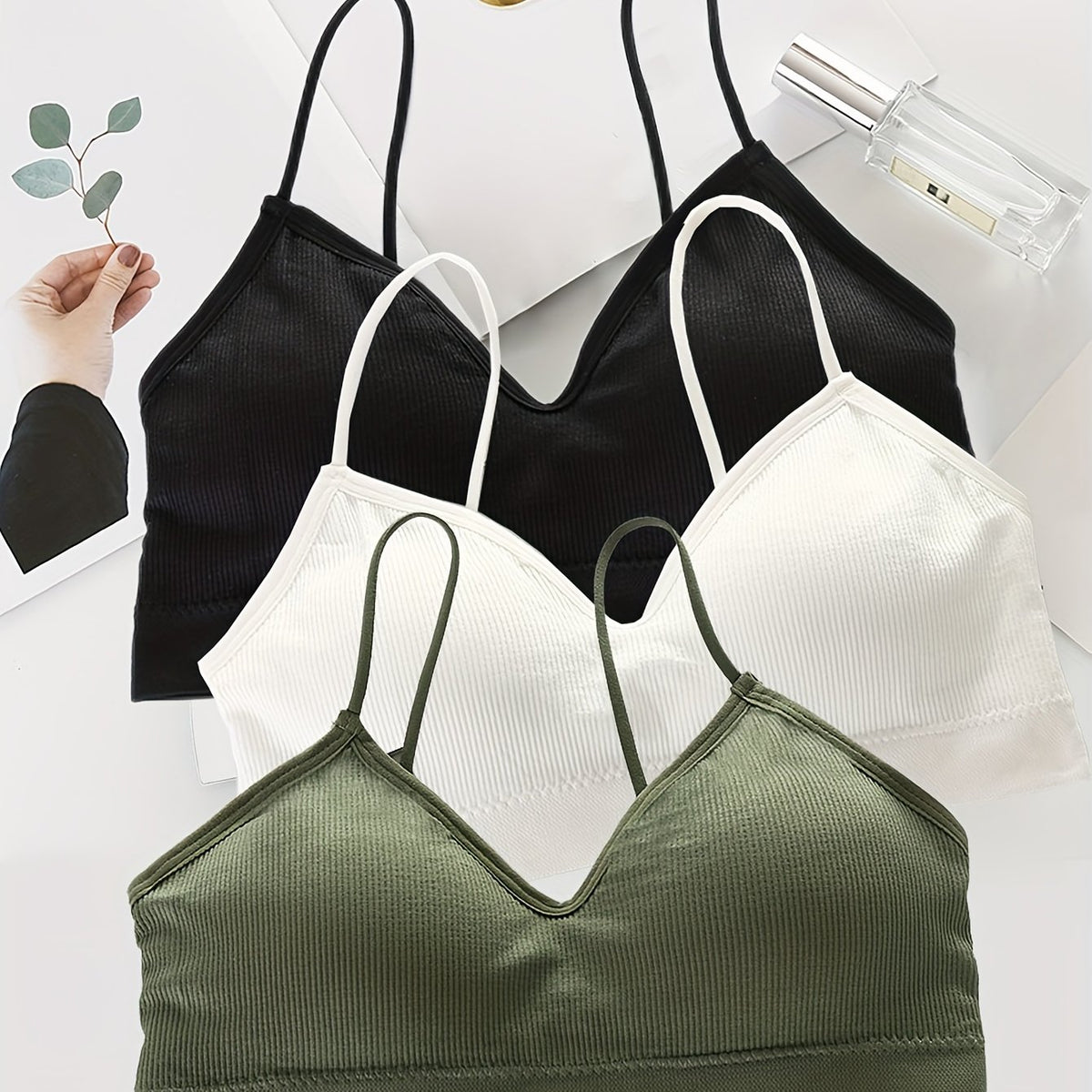 3pcs Solid Ribbed Cami Tops V Neck Comfy Women's Lingerie