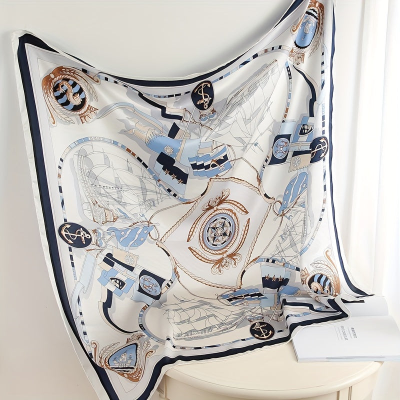 Sailboat Print Silk Square Scarf Windproof Head Wrap Sunscreen Travel Towel