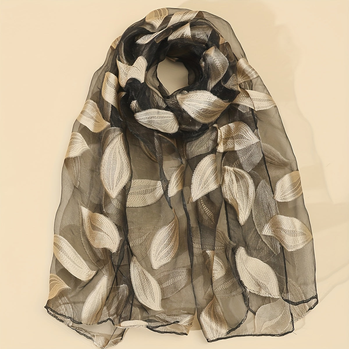 Silk Organza Scarf Leaf Embroidery Windproof Travel Head Wrap