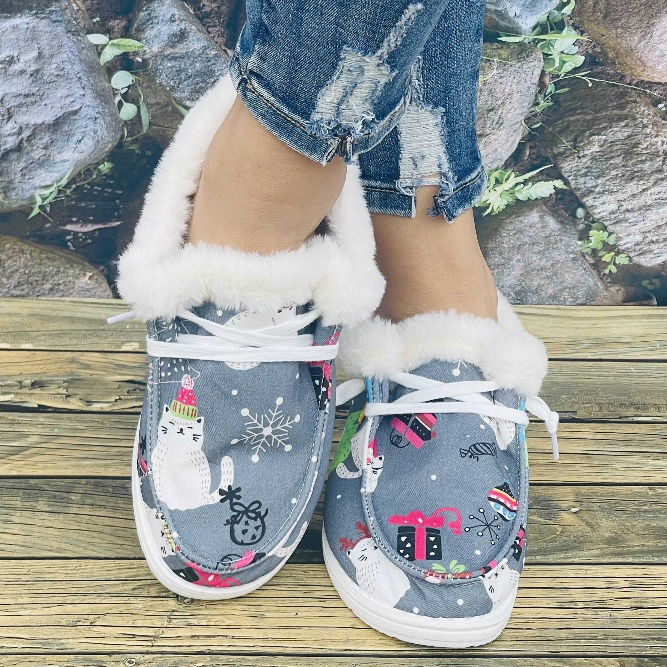 Christmas Women's Flat Cat Print Snow Boots Slip On