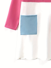  Colorblock Long Sleeve Dress With Pockets