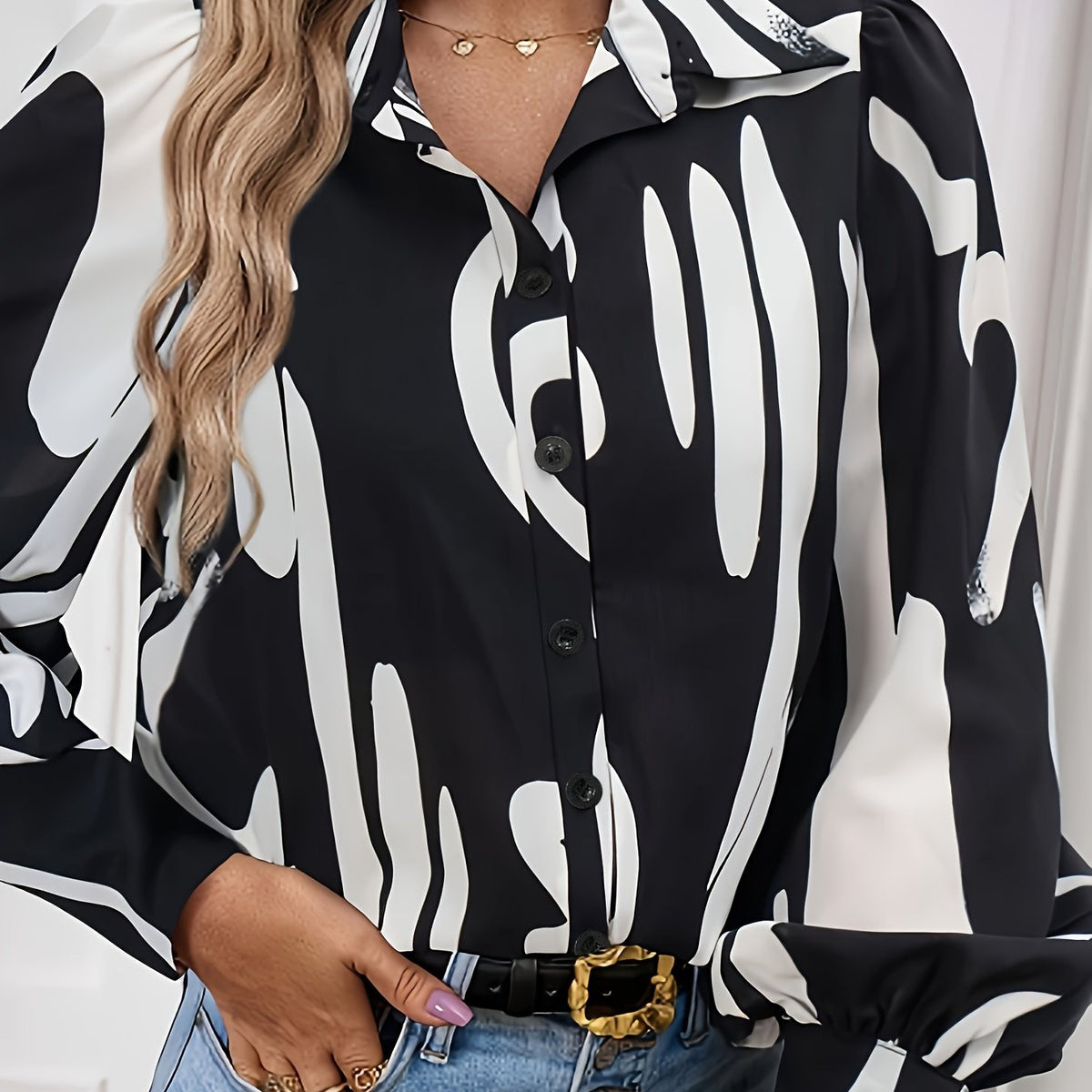  Graffiti Print Button Up Lantern Sleeve Blouse