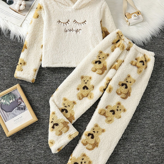 Kid's Flannel Pajamas Set Hooded Top & Pants Embroidered Bear Print Loungewear