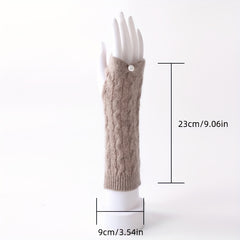 Velvet Wool Knit Fingerless Gloves with Faux Pearl Decor