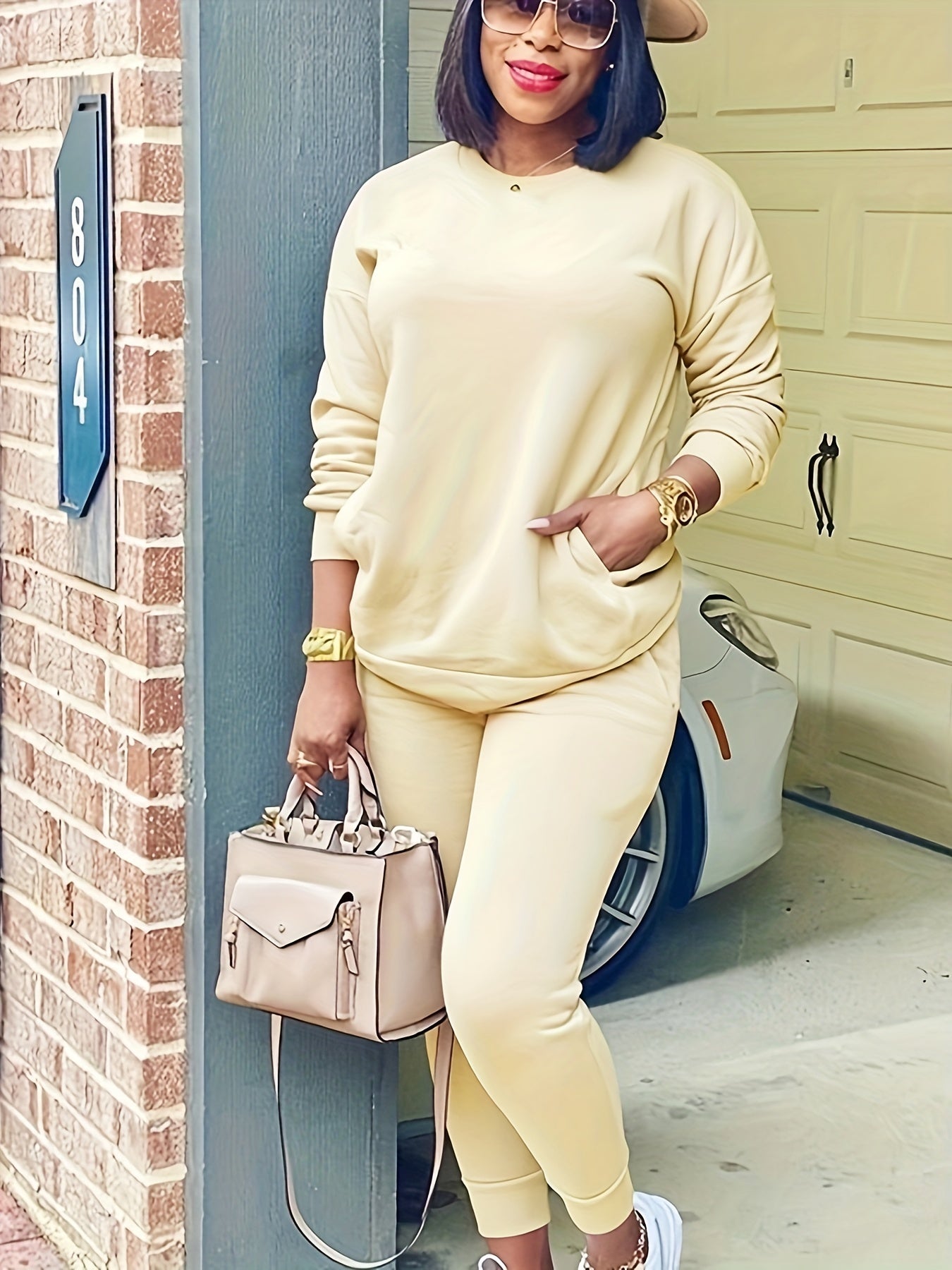 Solid 2 Pc Set Crew Neck Sweatshirt & Jogger Pants Outfit Women's Clothing