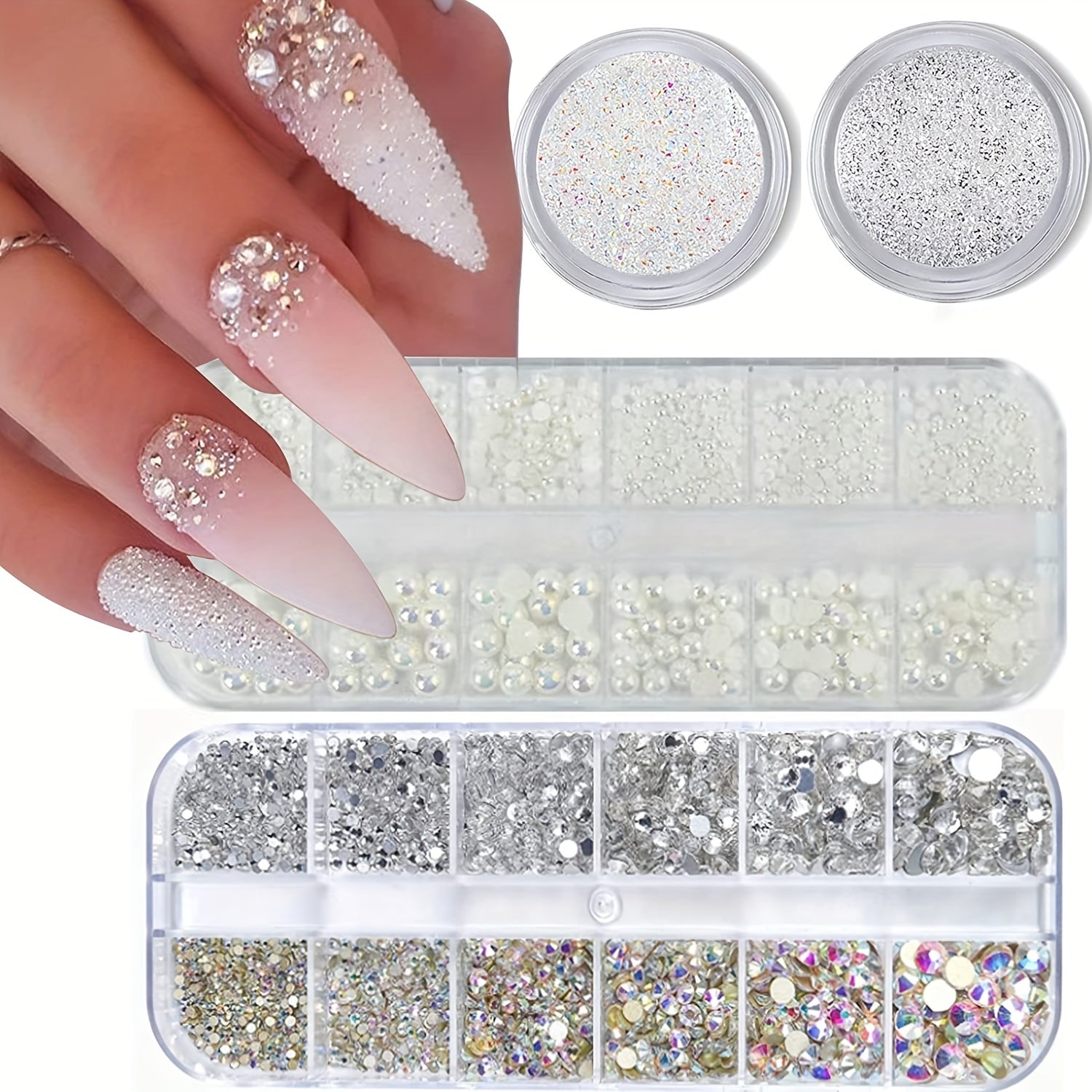 4 Boxes AB Crystal Nail Art Rhinestones Gemstones Pearls for Nails
