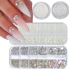 4 Boxes AB Crystal Nail Art Rhinestones Gemstones Pearls for Nails