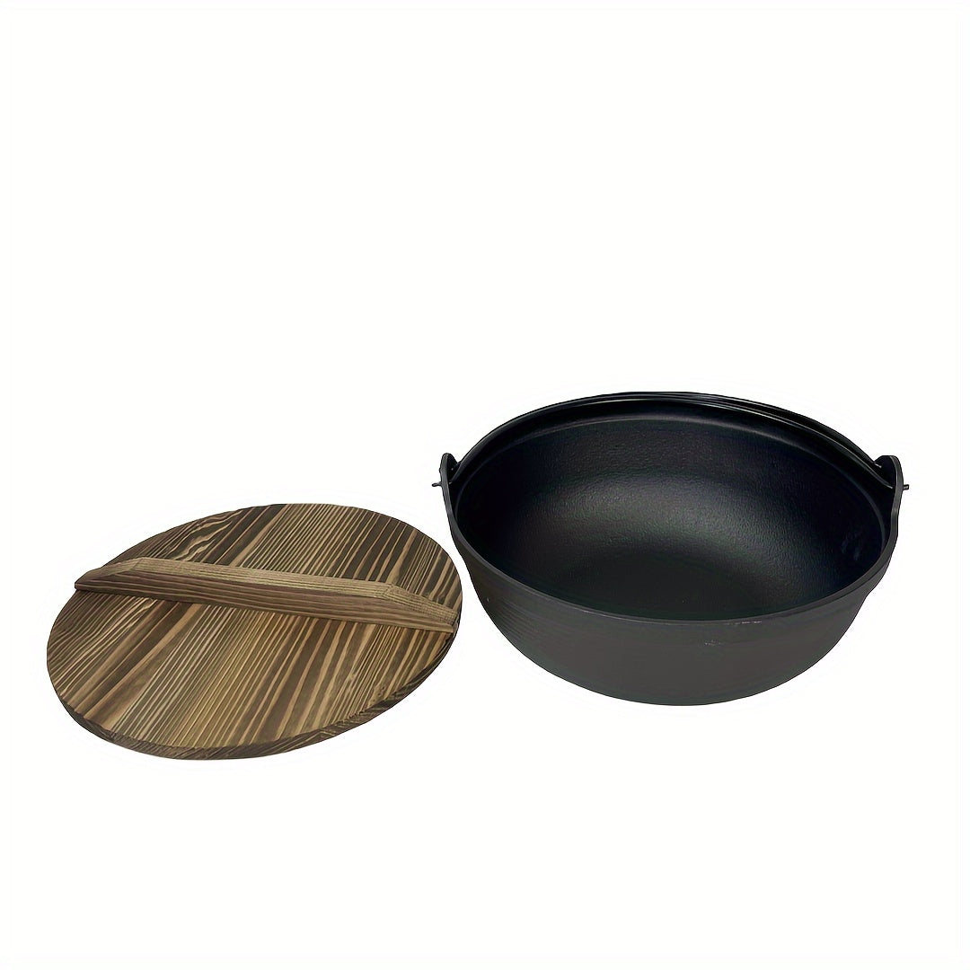 Cast Iron Pot Double Handle Non Stick Pot Wooden Cover