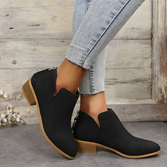 Chunky Heel Short Boots V cut Stacked Heel Back Zip Ankle Bootie