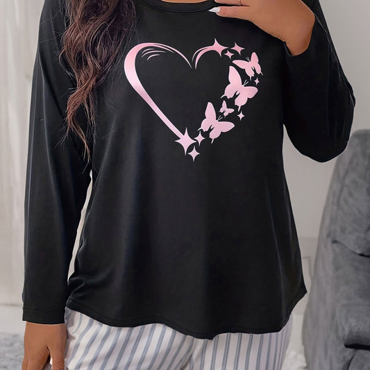 Women's Plus Size Butterfly Heart Graphic Long Sleeve Round Neck T shirt