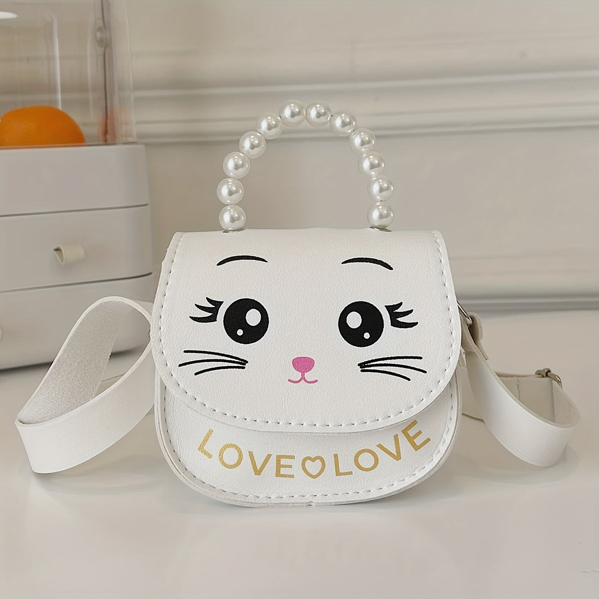 Girls Cat Shoulder Bag With Pearl Handle Strap Sweet Handbag Crossbody Bag