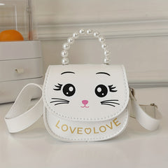 Girls Cat Shoulder Bag With Pearl Handle Strap Sweet Handbag Crossbody Bag
